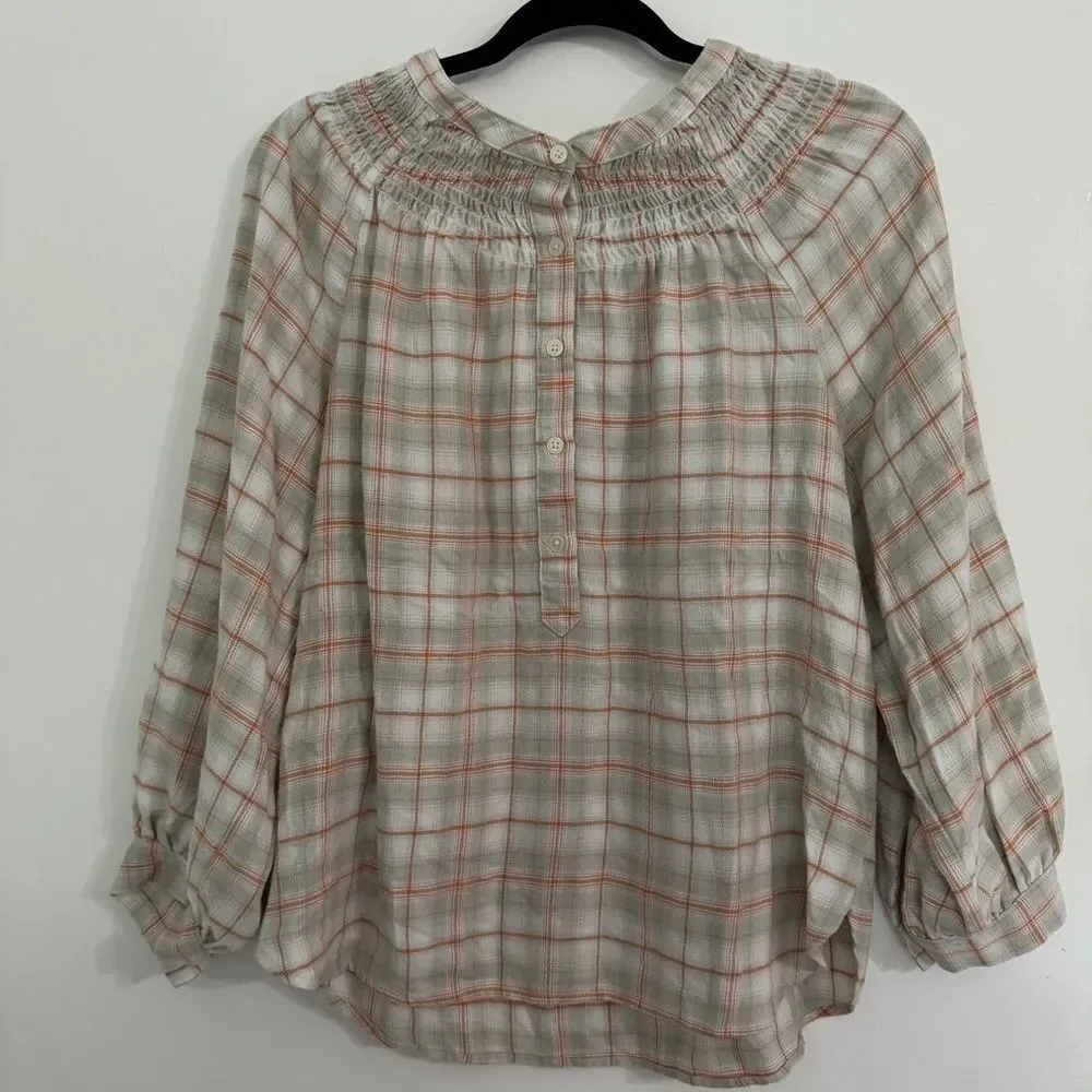 LOFT Plaid Smocked Henley Top Blouse Cream Gray Orange Women's, Size M